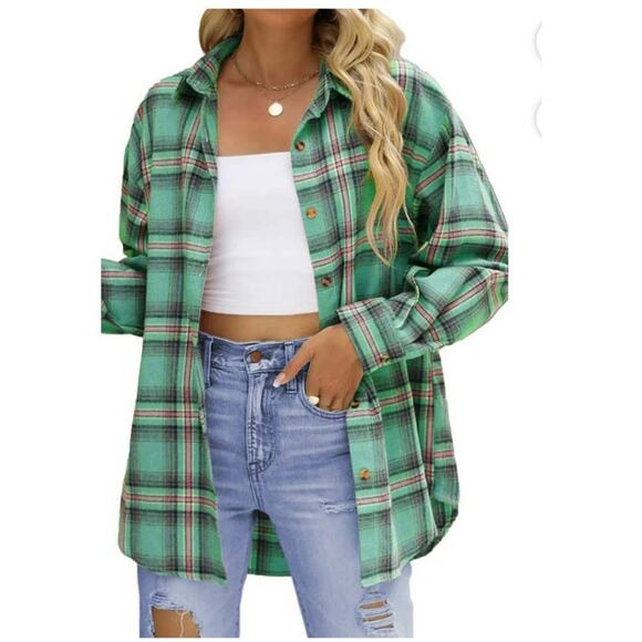 Fantaslook NWT Green Pink Blue Plaid Long Sleeve Collared Flannel Button Up XL - Picture 1 of 10